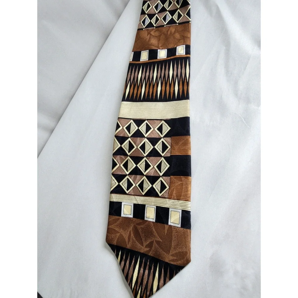 Coral Mens Silk Necktie Brown Black Cream Geometric Abstract Pattern Wide Tie